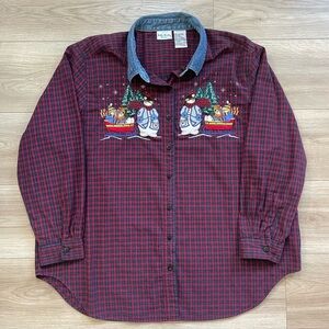 Red Plaid Shirt with Snowman Embroidery